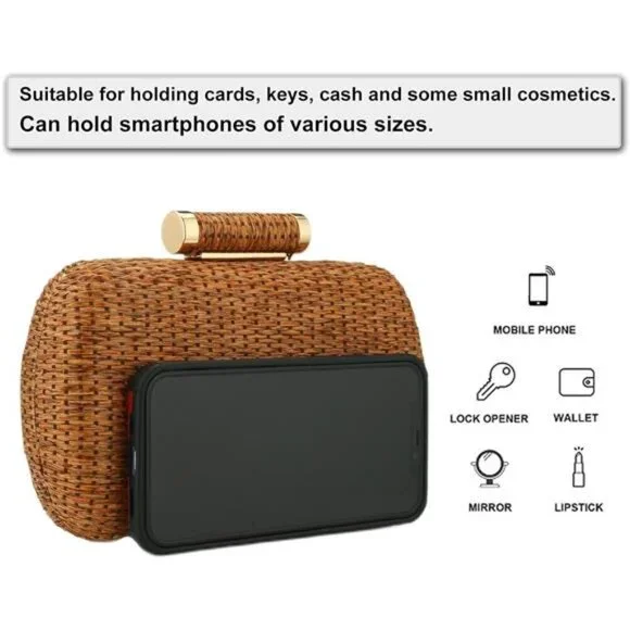 Straw Clutch Purse Hand-Woved Evening Straw Handbag Party Wedding Summer - Picture 3 of 7